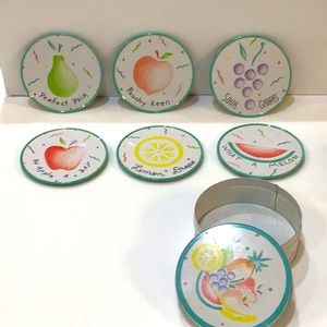 Vintage Set 6 Tropical Fruit coasters cork back in tin